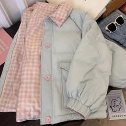 Chic Reversible Women Padded Jacket Contrast Plaid Coat Button Down Quilted Pink Buttons Winter Warm Preppy Retro Parkas