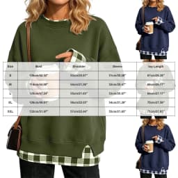 Women's Fake Two-Piece Oversize Sweatshirts With Plaid Hem Side Slit Long Sleeve Pullover Loose Fit Round Neck Sweatshirts Tops