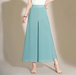 Women Side Slit Chiffon Pants Summer Thin Elastic Waist Wide Leg Pants Chic Droop Trousers Chinese Style Nine Point Pants