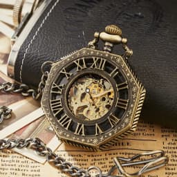 Ramadan Classic Hexagonal Mechanical Pocket Watch FOB Chain Steampunk Roman Dial Skeleton Gold Hollow Steel Men's Pocket Watch