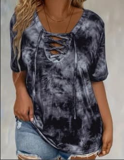 Plus size tie-dye printed short-sleeved T-shirt elegant lace-up hanging collar design top spring and summer casual style