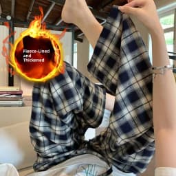 Afashion Lamb Velvet Fleece Lined Thick Plaid Casual Pants Women's Autumn Winter Loose Straight Leg Wide Leg Cotton Sleepwear Tr