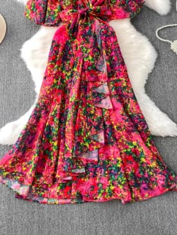 Summer Women Red/White/Yellow Floral Printed Irregular Ruffle Long Dress Vintage V-Neck Puff Sleeve Elegant Dress With Belt New
