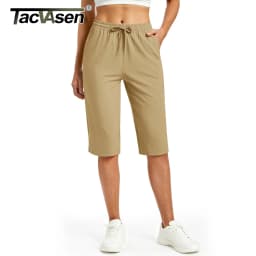 TACVASEN Womens Quick Dry Hiking Capris 4-Way Stretch Knee Length Pants Elastic Drawstring Waist Split Hem Cropped Trousers