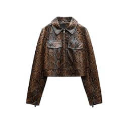 Elegant Brown Animal Print Leather Jacket Spring 2024 Fashion Short Outerwear Zipper Closure Long Sleeve Polyester Fiber
