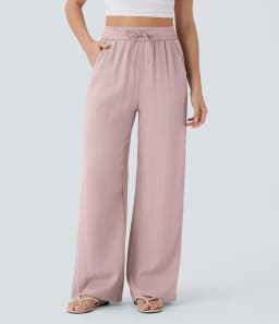 Pant women 2026 casual high-waisted drawstring side pocket casual linen pants flowing wide-leg beach pants elastic tightness