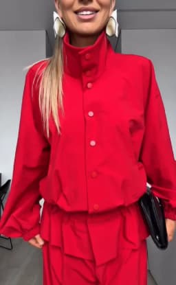 Casual Sporty Jacket Red Collar Closure Ruffled Pleated Tighten Waist Relax Coat 2026 NEW Autumn Fashion Street Women's Jackets
