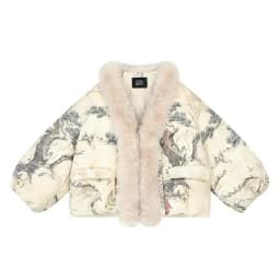 ELFSACK Women Puffer Down Jacket 2026 Winter Pony Print Fur Collar Lantern Sleeve New Oriental Style Casual Outerwear