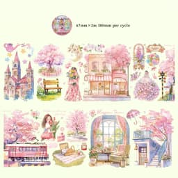 1pcs First Love Cherry Blossom Character PET Tape Sticker Aesthetic for Laptop Luggage Stickers Scrapbooking Rooms Decoration