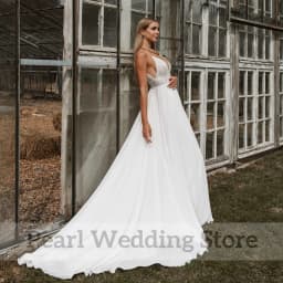 Romantic Boho Lace Chiffon Wedding Dress Classic Spaghetti Straps Sleeveless A-Line V-Neck Open Back Bride Seaside Marriage Gown