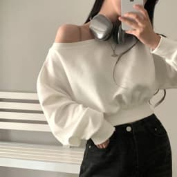 Spring 2025 Early Loose Fit Long Sve oulder Bared Slant Collar Hoodie American Sle Women's T-irt Casual Versatile Hi...