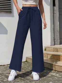 Women's Solid Color Loose Wide Leg Pants Casual Drawstring Straight Pants Pocket Casual Pants Trousers Loose High Waisted Pants