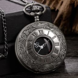Large classical black dual display Roman retro watch with black face, Roman letters, white needles, nostalgic pocket watch