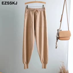 Women Elastic Waist Drawstring Trousers Thick Knitted Harem Pants Autumn Winter Sport swear Women'S Pants New Bottoms