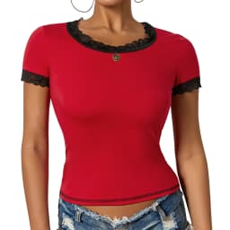 Women's Summer Solid Color Tops Short Sleeve Sweet Elegant Lace Trim Round Neck Slim Fit Daily T-Shirt
