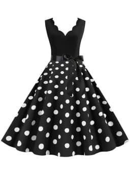 Polka Dot Print Women Summer Dress Black Patchwork Sleeveless V Neck Elegant Vintage Party Casual Midi Dress
