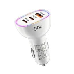 Fast Car Charger 90W 3 Ports Multi USB C PD 30W and USB A QC 30W Automobile Power Adapter with Glowing Ring For Smart Devices