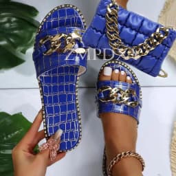 New Arrivals Designer Wholesale Summer Chain Women's Flat Slippers And Bag Set Beach Ladies Platform Sandals Matching Purse Set