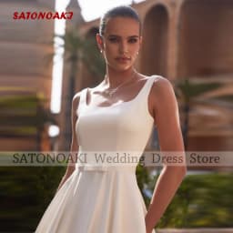 Customized Elegant Square Collar Ivory Satin Wedding Dress for Bride Sleeveless Bride Gown with Pockets Bow Vestidos De Novia