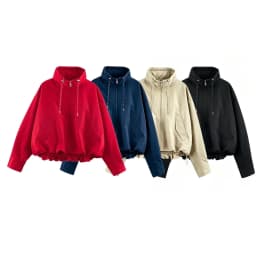 Guobioziy 2026 Autumn Women's Short Thick Jacket Stand Collar with Drawstring Hem Zipper Long Sleeve Loose Casual Pocket Coat