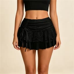 Women Floral Lace Ruffle Mini Skirt Side Drawstring Ruched High Waist Tiered Mesh Skirt Solid Color Y2K Casual Streetwear