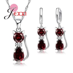 Fast Shipping Retail Romantic Engagement Silver Cute Cat Jewelry Sets Necklace Earrings With Austrian Crystal For Women