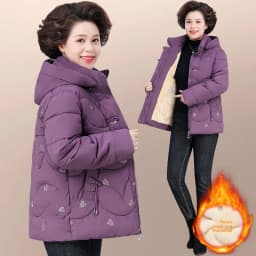 Warm Fleece Lined Cotton Jacket for Middle-Aged And Elderly Women Casual Style Winter Coat with Hood Zipper Closure And Pockets