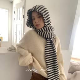 Winter Warm Windproof Striped Hat Scarf Integrated Cycling Women's Style New Arrival Korean Atmosphere Feel Hat Scarf Neck Wa...