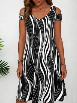 Women's Black White Wavy Stripe Print Cold Shoulder Midi Dress Summer Casual V Neck Short Sleeve A Line Flowy Sundress