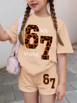Funny Six Seven Italian Brainrot 67 Leopard Print Kids Short Sleeve Suit Children Clothing T-Shirt+ Shorts 2pc Set Girls Clothes