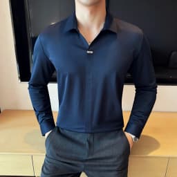 High Elastic V-neck Non-marking POLO Shirt 2024 Autumn New Long sleeved Casual Business Solid Color T-shirt Men's Clothing
