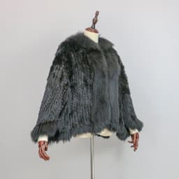 New Extra Long Real Genuine Natural Knitted Rabbit Fur Shawl Coat with Fox Fur Collar Women's Fashion Knit Jacket Cape