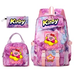 Kirby Cartoon Print Student Backpack Set for Girls with Lunch Bag and Pencil Case School Bookbag Lightweight Daypack
