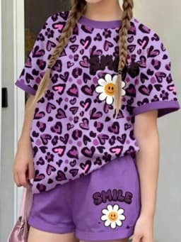 2026 Casual Children's Clothing Solid Color Printed Round Neck Short Sleeved Top + Solid Color Printed Wide Leg Shorts Pants Set