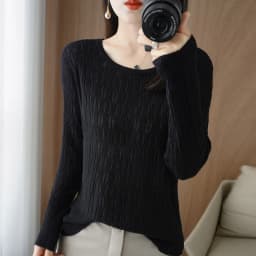 Autumn New Ladies Soft Breathable Sweater Wool Blend O-Neck Pullover Curved Hollow Out Knitted Sweater Slim-Fit Commuter Tops