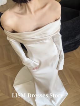 LISM Simple Mermaid Korea Wedding Dresses One Line Collar Soft Satin Off Shoulder Long Sleeves Elegant Evening Gowns Customized