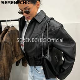 SERENECHIC Textured PU Aviator Coat with Elastic Hem Women's Black Cropped Faux Leather Jacket New Vintage Outerwear Female