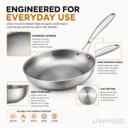 Uwhise Uncoated Titanium Frying Pan Non Stick Hammered Skillet With Glass Lid Metal Utensil Steak Eggs Kitchen Frying Pan