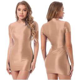 Women's Solid Color Smooth Stretchy Mock Neck Tight Party Dresses Female Dresses Glossy Long Sleeve Bodycon Dress Nightwear