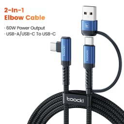 Toocki 2-in-1 Elbow USB C Cable, 2m PD 60W USB C to USB C 3A Fast Charging Cable for iPhone Samsung Xiaomi Huawei Data Wire
