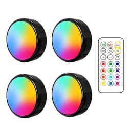 RGBW LED Puck Night Lights Remote Control Dimmable Under Cabinet Light Battery Operated Wireless Push Lamp Kitchen Closet