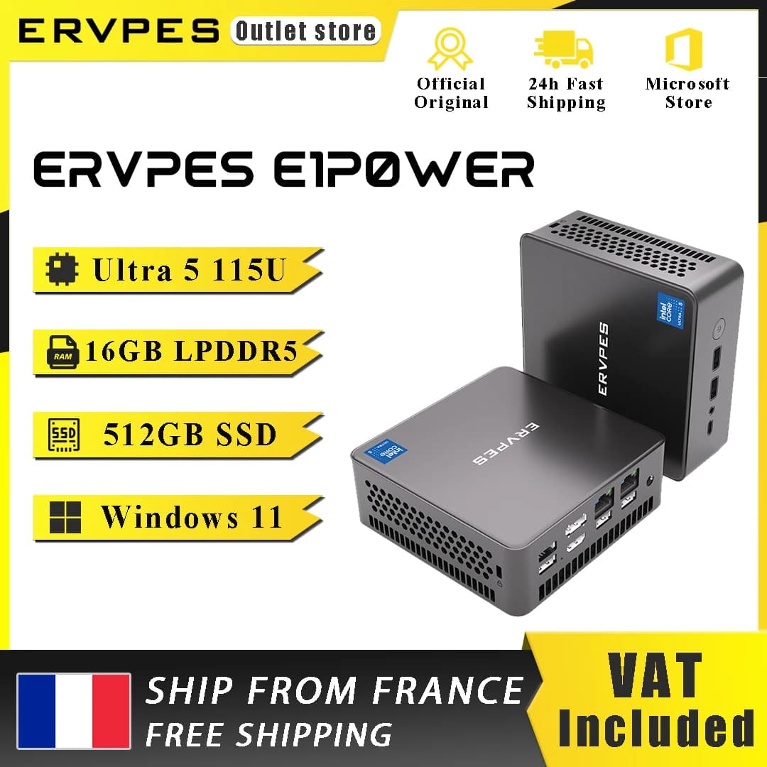 Ervpes E1Power Mini Ai Pc Intel Core Ultra 5 115U 8 Cores 10 Threads 16Gb Lpddr5 512Gb Ssd Wifi Bluetooth USB HDMI Type-C Windows 11 Wifi 6 Bt5.0