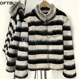OFTBUY Stand Collar Natural Rabbit Fur Winter Jacket Female New Short Clothes Women Black White Striped Real Rabbit Fur Coat