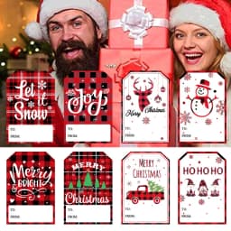100Pcs Christmas Tags Labels, 8 Design Self Adhesive Gift Stickers Name Tags with Santa Snowmen Xmas Tree Snowman Holiday Decor