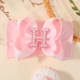 26 Letters Pink Big Bows Pearl Headbands for Baby Girls 5.98'' Wide Nylon Knotted Soft Elastic Hair Bands Wraps Headwear 1PCS
