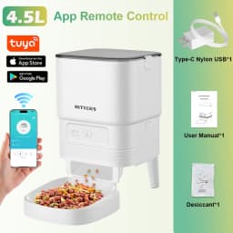 NITYERS 4.5L Smart Automatic Cat Feeder, Tuya App Remote Control Timed Pet Feeder for Cats & Dogs, 2.4G WiFi Dispenser with 10s Voice Recorder, Dual Power & Stainless Steel Bowl