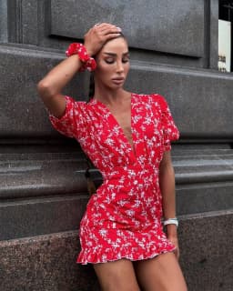Chic Printed Slim Fit Mini Dress Women Elegant V-neck Puff Short Sleeves Waist Cinching Dresses 2026 Summer Lady Party Robes New