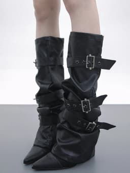 [EAM] Black Buckle Rivet Pu Leather Leg Warmers Knee Sleeve Personality Women New Fashion All-match Spring Autumn 2026 1DK0284