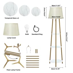 Modern Corner Display Column Bookshelf Lamp, Upgraded Version of Dimmable High Vertical Floor Lamp with Linen Lampshade, LED Bulb, Suitable for Living Room and Reading Room, Bedroom, Office and Nursery, White Marble and Golden Pillars