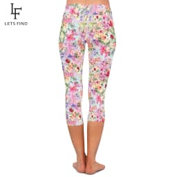 LETSFIND Summer Hand Drawn Floral Print  High Waist Women Capri Legging New Fitness Sexy Stretch Slim Mid-Calf 3/4 Leggings